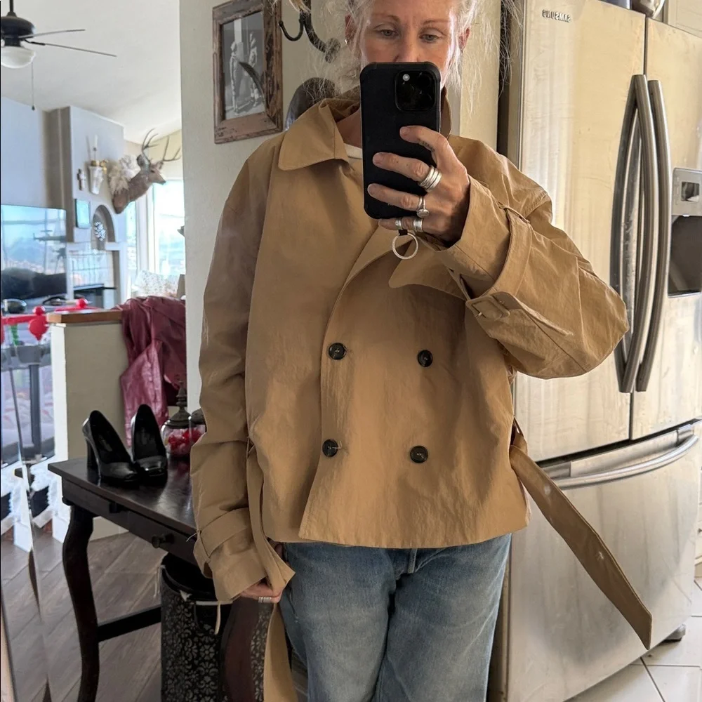 The perfect belted cropped nylon trench coat Tan Double-Breasted oversized
